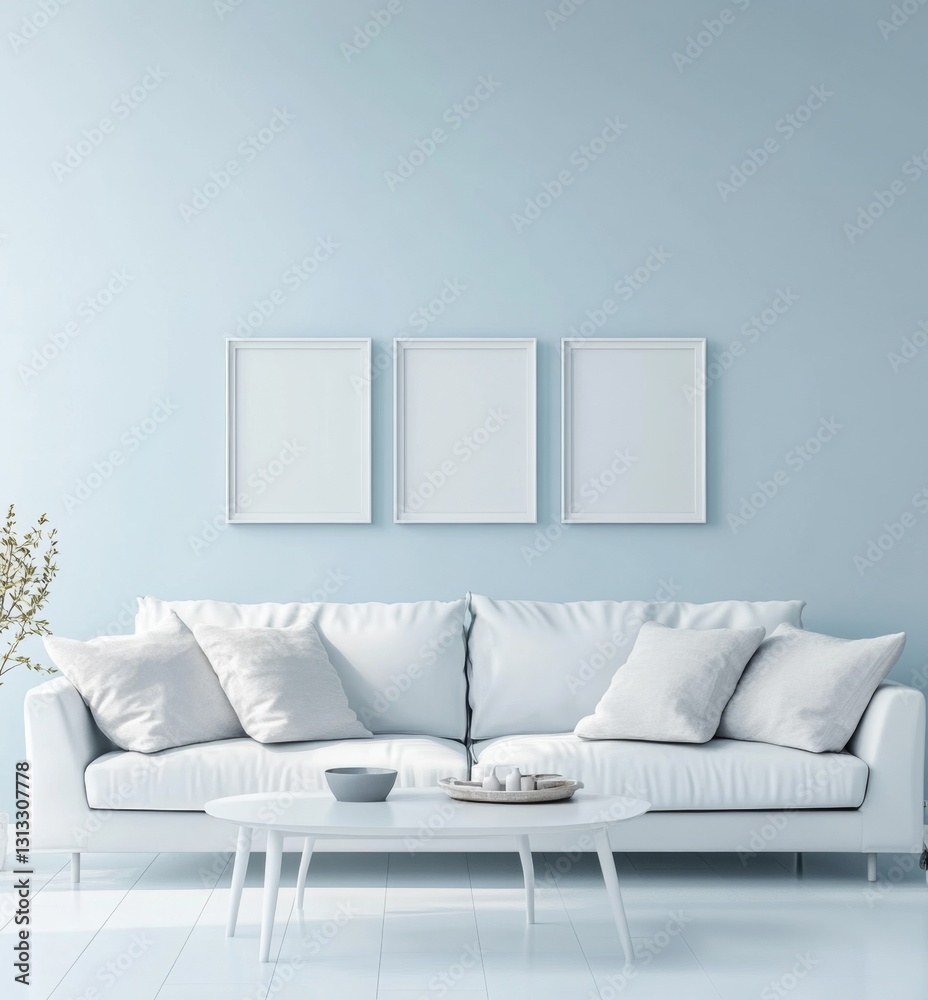 Light Blue Living Room with White Sofa and Frames