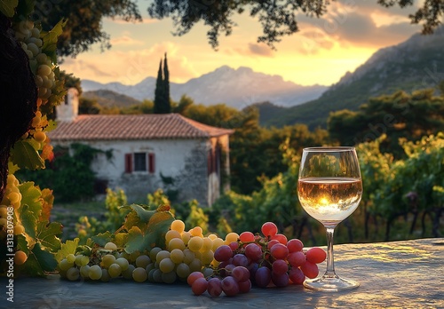 A Elegant White Wine Glass with Grapes Nestled Among Vineyards at Sunset : Generative AI