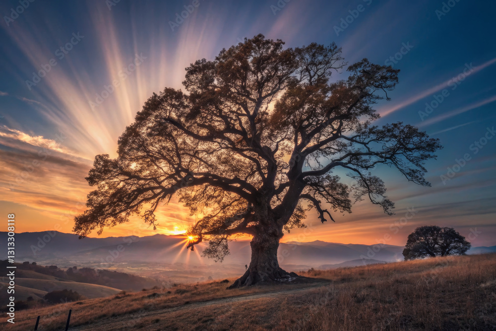 Majestic tree silhouette against vibrant sunset, casting rays of light over rolling hills. serene landscape showcasing nature beauty and tranquility