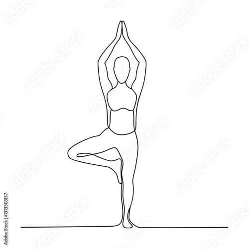 Single Line Drawing Yoga Pose Tree Pose, Balance, Fitness, Wellness
