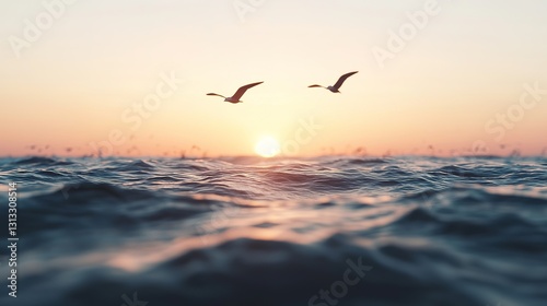 Serene sunrise seascape seabirds over calm waters in tranquil coastal nature photography