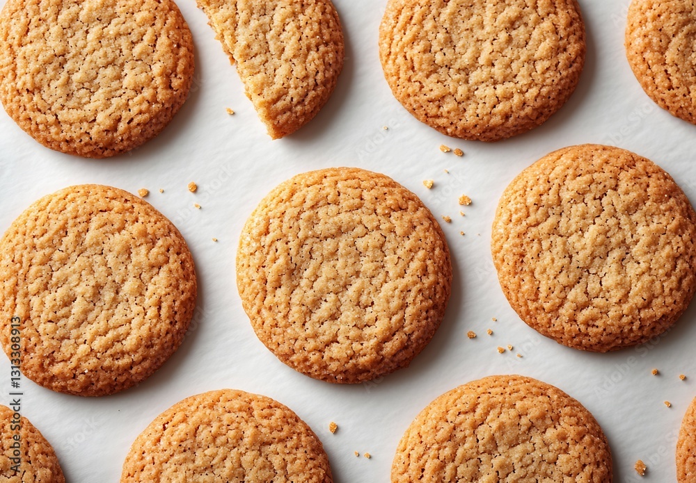 Crunchy Golden Cookies with a Distinct Pattern Perfectly Arranged on White Paper : Generative AI Crunchy Golden Cookies with a Distinct Pattern Perfectly Arranged on White Paper : Generative AI