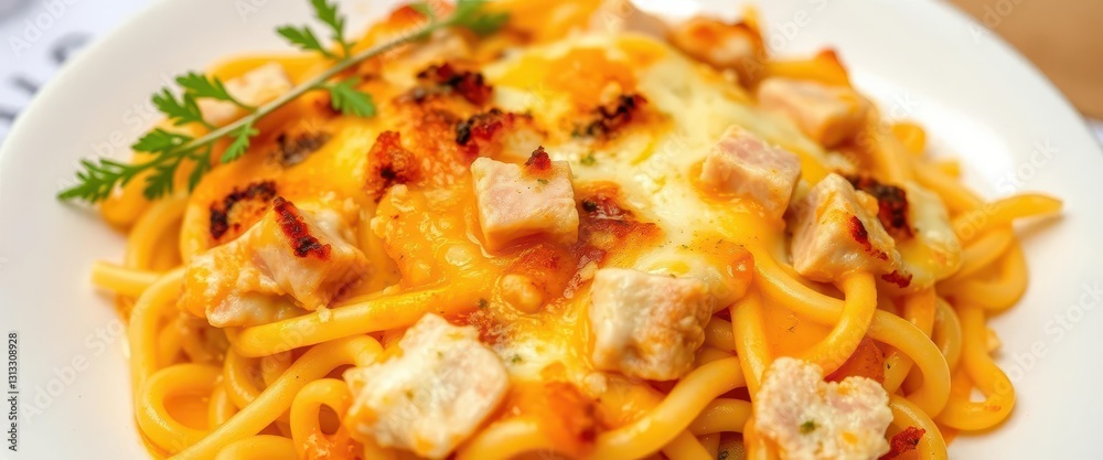 Golden baked pasta, ham, cheese, bubbly topping, comfort food, gourmet Golden baked pasta, ham, cheese, bubbly topping, comfort food, gourmet