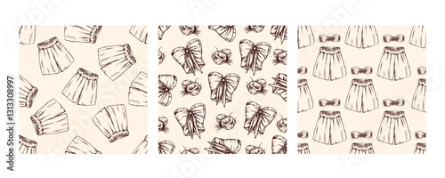 Hand drawn seamless patterns set in vintage style with summer fashion elements