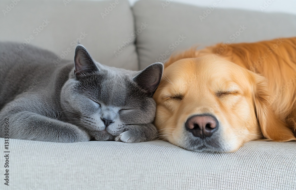 Charming cats and dogs peacefully sleeping together on a cozy couch in bright natural light : Generative AI Charming cats and dogs peacefully sleeping together on a cozy couch in bright natural light : Generative AI