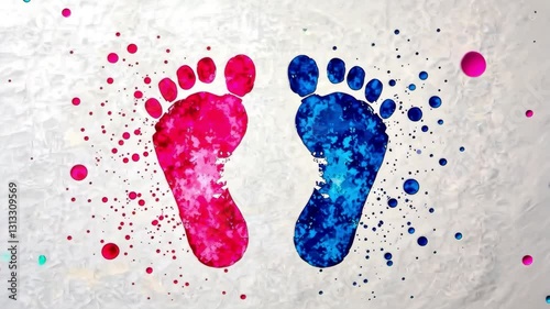Brightly colored footprints stand out against a white background, surrounded by vibrant paint splatters