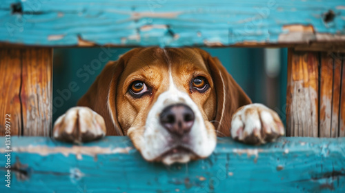cute dog looking on the fence with adorable exspression