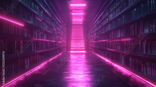 Futuristic library hallway with neon pink lighting and bookshelves.