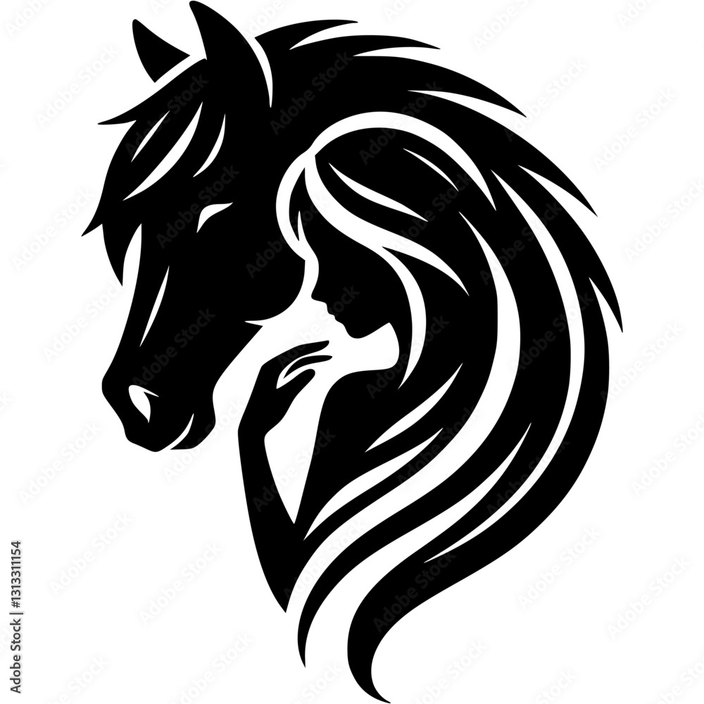 Fototapeta premium Tattoo emblem of young girl with long hair against background of horse head in monochrome. Engraving minimalistic vector in black ink drawing on transparent background