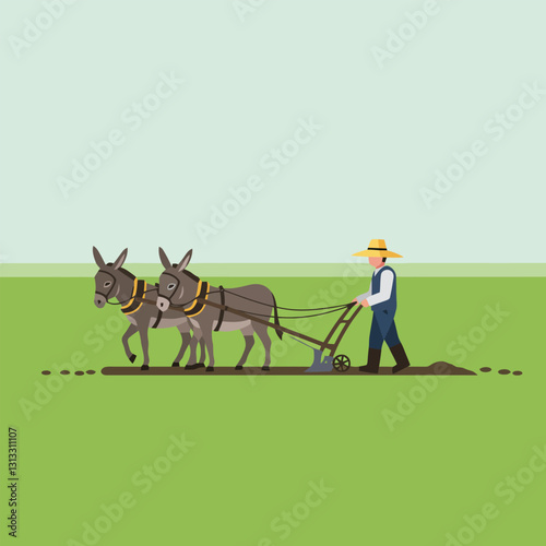 Farmer Plowing Field with Donkeys in Rural Agriculture Setting