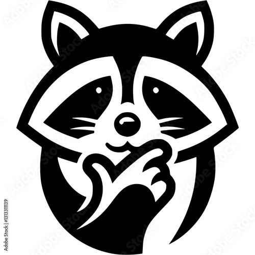 Tattoo of raccoon thinker front view thought and held his chin with his paw in monochrome. Engraving minimalistic vector in black ink drawing on transparent background