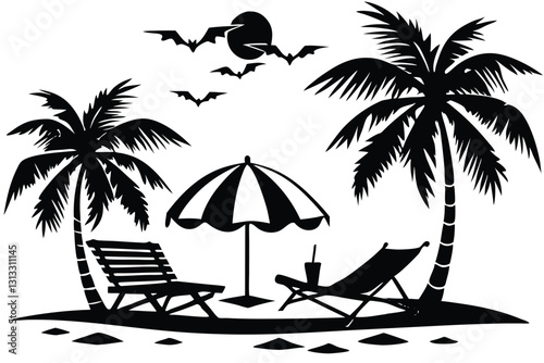 beach chair and palm tree line art silhouette vector
