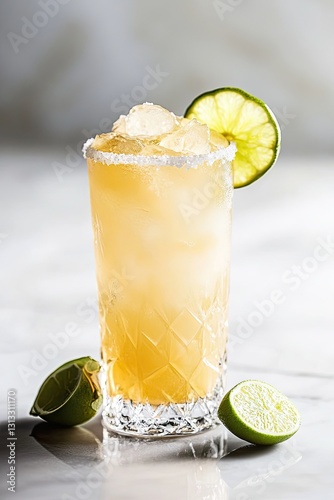 margarita in a tall glass garnished with a salted rim and lime slices. The background is white to highlight the drinks pale yellow color. 