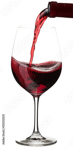 Flowing red wine splashing into a glass, isolated on white background, elegant and dynamic composition