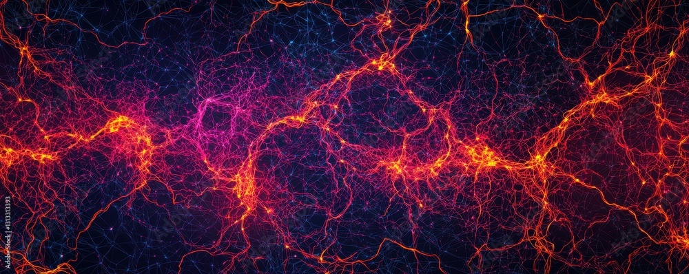 Abstract image showcasing vibrant orange and purple threads resembling energy or cosmic structures against a dark background. Abstract image showcasing vibrant orange and purple threads resembling energy or cosmic structures against a dark background.