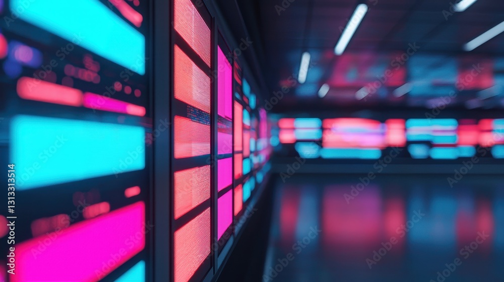 Fototapeta premium A vibrant, futuristic corridor featuring illuminated screens with a mix of blue and pink colors, creating a dynamic and immersive atmosphere.