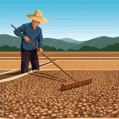 Farmer Raking Harvested Crop in Field Under Clear Blue Sky