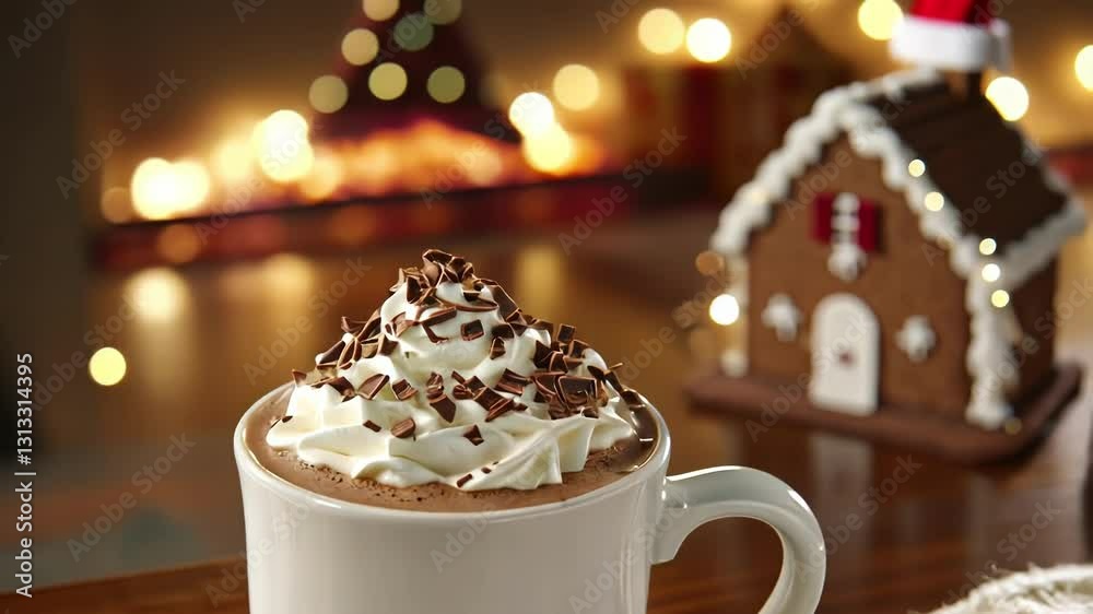 A cozy cup of hot chocolate topped with whipped cream and chocolate shavings.