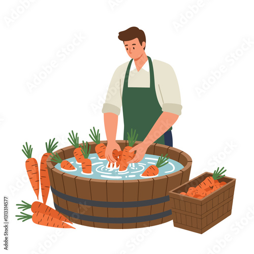 Man Washing Fresh Carrots in a Wooden Tub for Healthy Eating