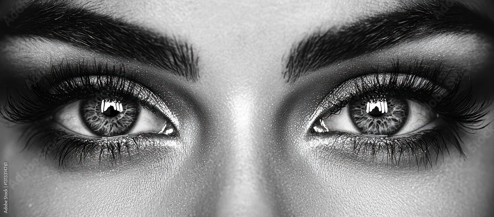 Close-up black and white image of a woman's expressive eyes, featuring full dark eyebrows and long eyelashes. Close-up black and white image of a woman's expressive eyes, featuring full dark eyebrows and long eyelashes.