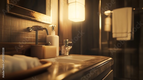 Luxurious bathroom sink setup with towels and toiletries, backlit in a spa