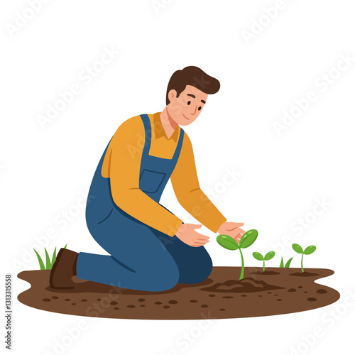 Man Planting Seedlings in Garden with Care and Attention