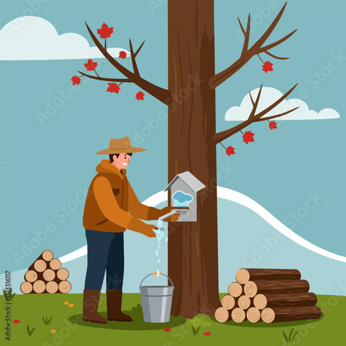 Collecting Maple Sap From Tree with Bucket in Forest Setting