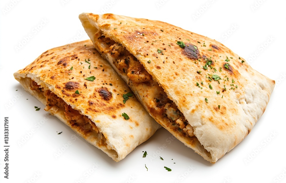 Delicious and aromatic stuffed flatbreads filled with savory chicken and herbs on a white background : Generative AI Delicious and aromatic stuffed flatbreads filled with savory chicken and herbs on a white background : Generative AI