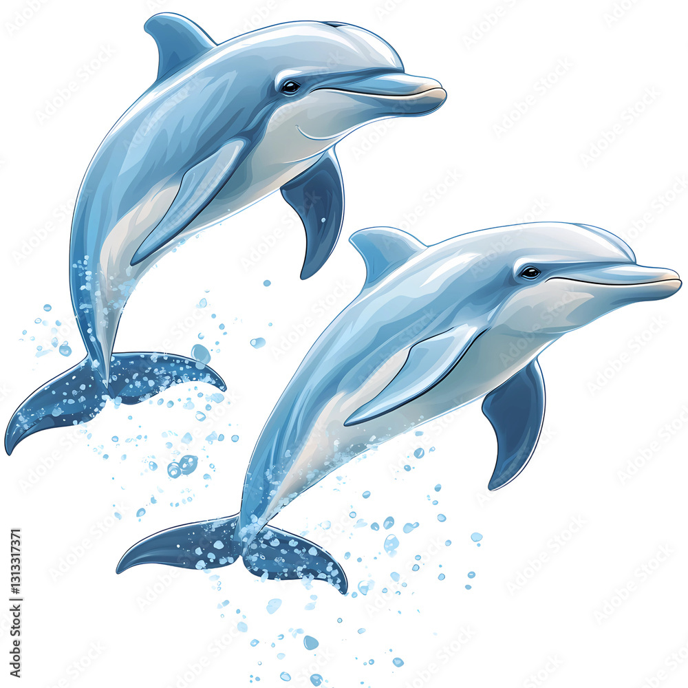 Fototapeta premium Azure Acrobatics: Two playful dolphins leap gracefully amidst shimmering water droplets, capturing the essence of marine life's joy and freedom.