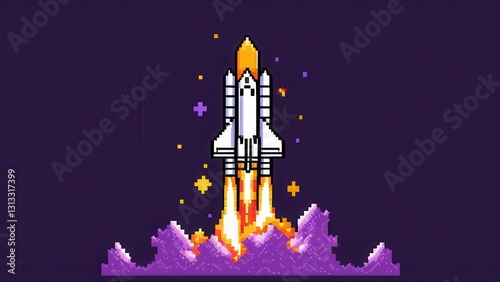  a vibrant pixel art rocket launching into space