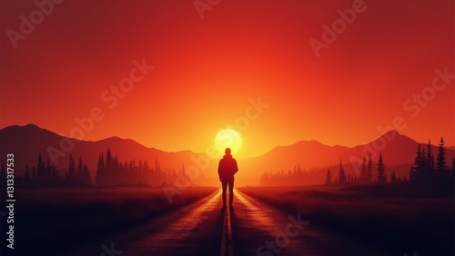 Silhouette of a person at a crossroads, Dramatic sunset silhouettes a lone figure at a crossroads red and orange skies scattered trees distant mountains decisio