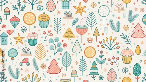 Minimalist Whimsical Doodle Festive Seasonal Pattern Stock Photo
