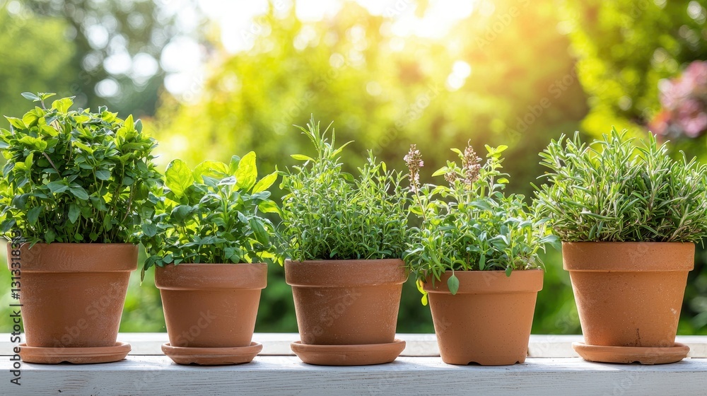 Fresh Green Herbs in Clay Pots on a Bright Sunny Day Fresh Green Herbs in Clay Pots on a Bright Sunny Day