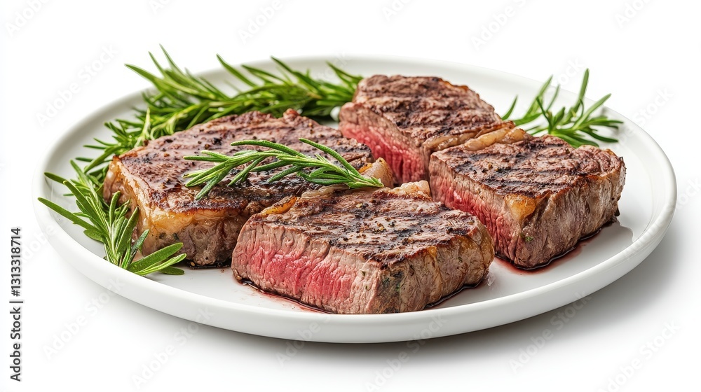 Grilled rosemary steak on white plate. Perfect for menus, restaurant websites, or cooking blogs. Grilled rosemary steak on white plate. Perfect for menus, restaurant websites, or cooking blogs.