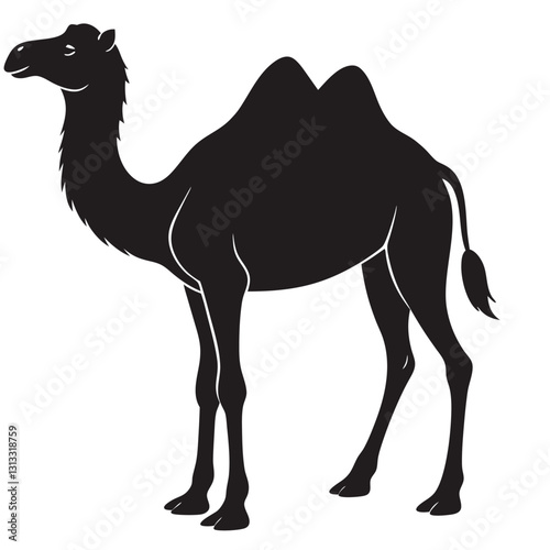 Detailed black silhouette of camel caravan on white background