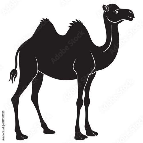 Detailed black silhouette of camel caravan on white background