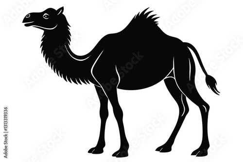 Detailed black silhouette of camel caravan on white background