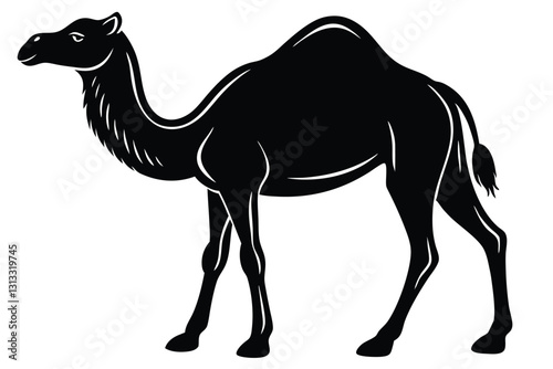 Detailed black silhouette of camel caravan on white background