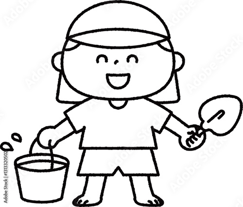 外遊びをする幼稚園の男の子線画