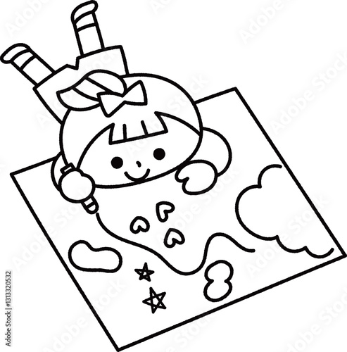 大きな紙にお絵描きをする女の子線画