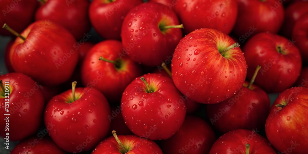 Many ripe juicy red apples covered with water drops as background Many ripe juicy red apples covered with water drops as background