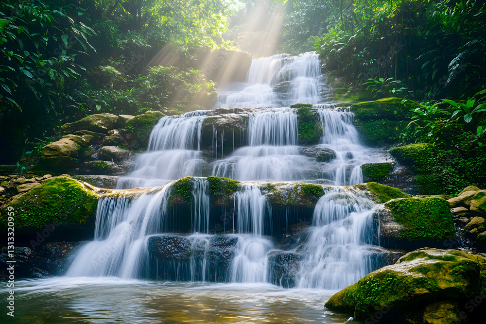 A cascading waterfall surrounded by lush green foliage, with sunlight filtering through the trees, capturing a serene and natural paradise A cascading waterfall surrounded by lush green foliage, with sunlight filtering through the trees, capturing a serene and natural paradise