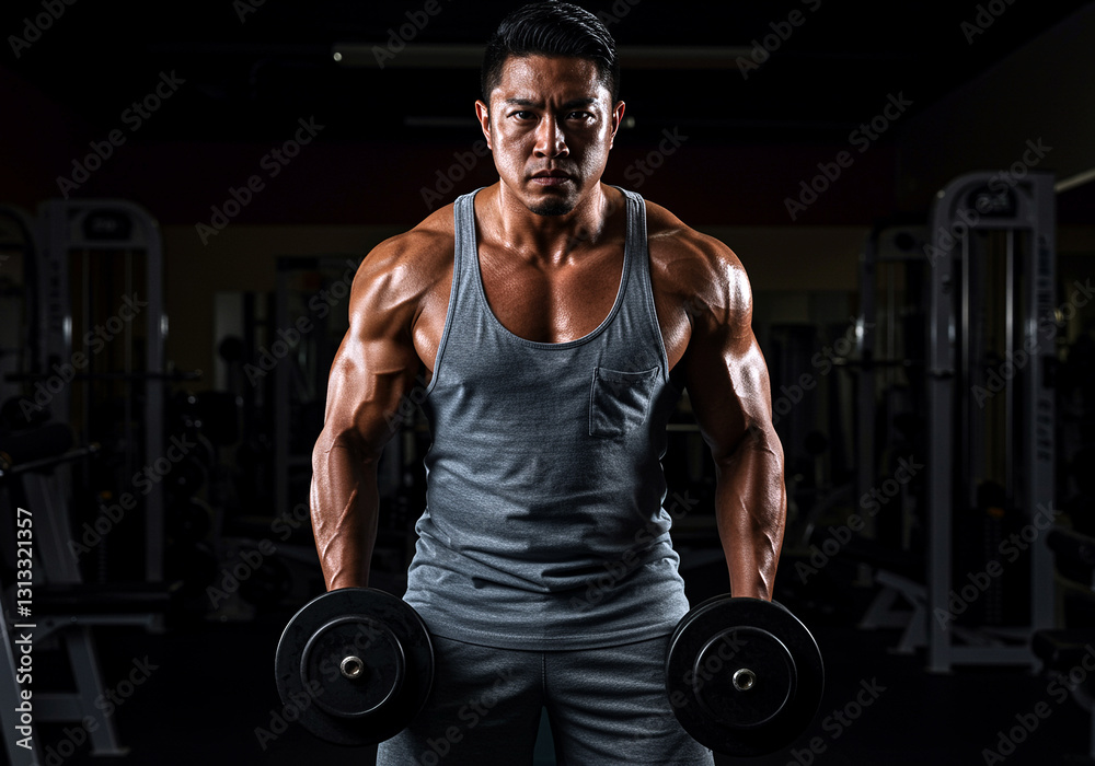 Weightlifter in gym lifting dumbbells showing fitness and strength. Muscular man weightlifting during workout in fitness center with gym equipment in background Weightlifter in gym lifting dumbbells showing fitness and strength. Muscular man weightlifting during workout in fitness center with gym equipment in background