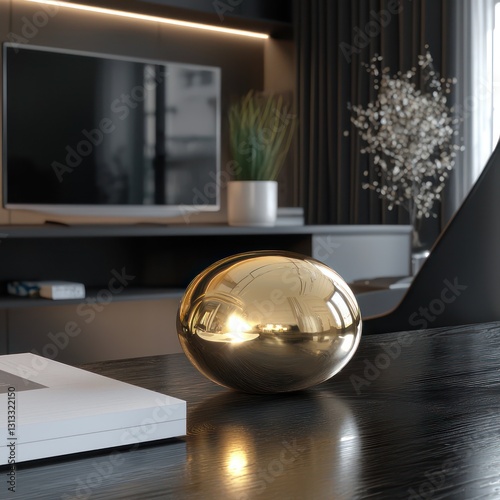 Golden chickpea-shaped paperweight mockup sitting on a refined executive desk.