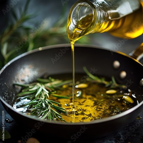 Olive oil pouring into pan with herbs and dramatic side lighting