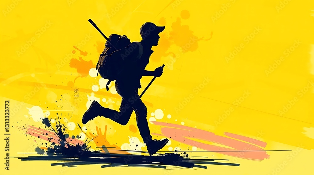 Fototapeta premium Dynamic Silhouette of a Hiking Man on a Sunny Trail