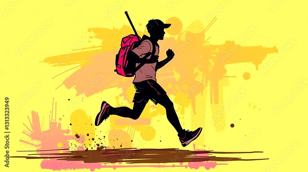 Fototapeta premium Silhouette of a Running Hiker with a Backpack in a Vibrant Artistic Style.