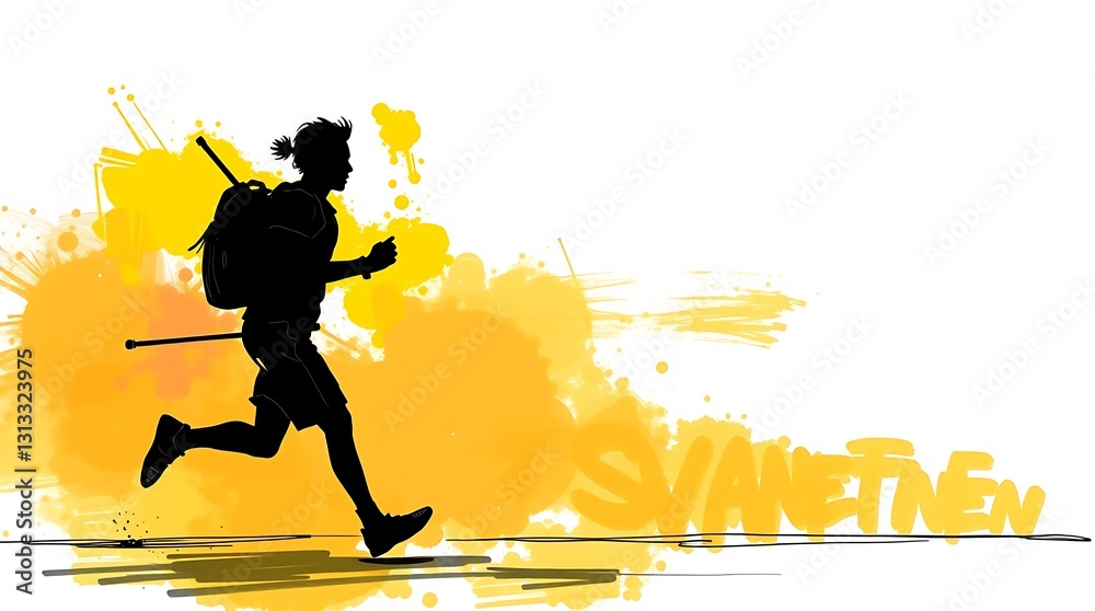 Obraz premium Dynamic Silhouette of a Hiker Running in a Vibrant Yellow Setting