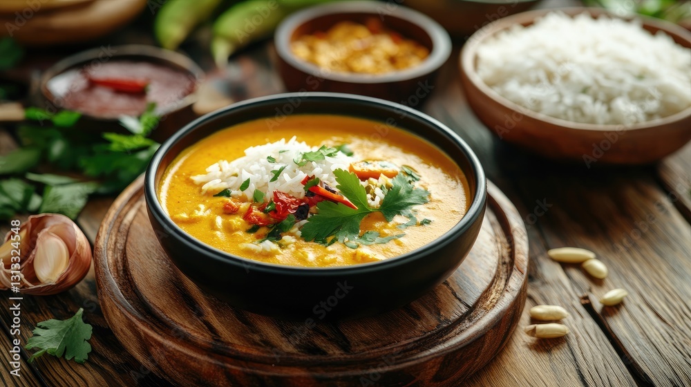 Delicious Curry with Rice and Fresh Herbs on Rustic Wooden Table Delicious Curry with Rice and Fresh Herbs on Rustic Wooden Table