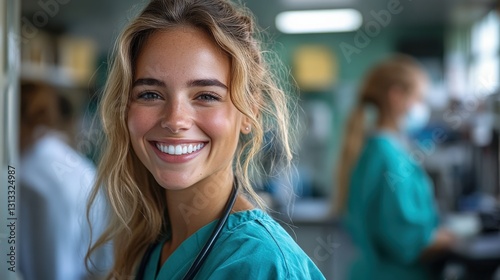 Smiling healthcare professional in scrubs with colleagues in a busy medical environment
